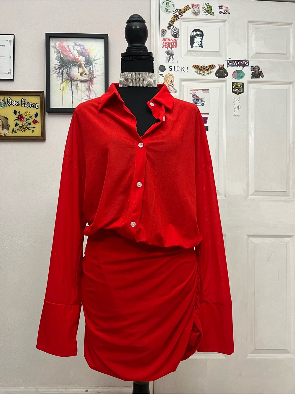 Red Button-Front Blouse & Ruched Mini Skirt Set